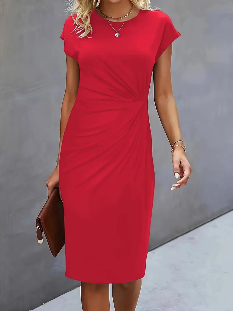 Vestido Midi Ceñido con Fruncido y Manga Corta para Mujer