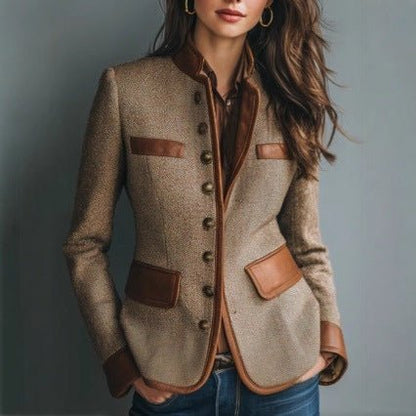 Blazer Entallado de Tweed con Botones y Ribete de Cuero Sintético para Mujer