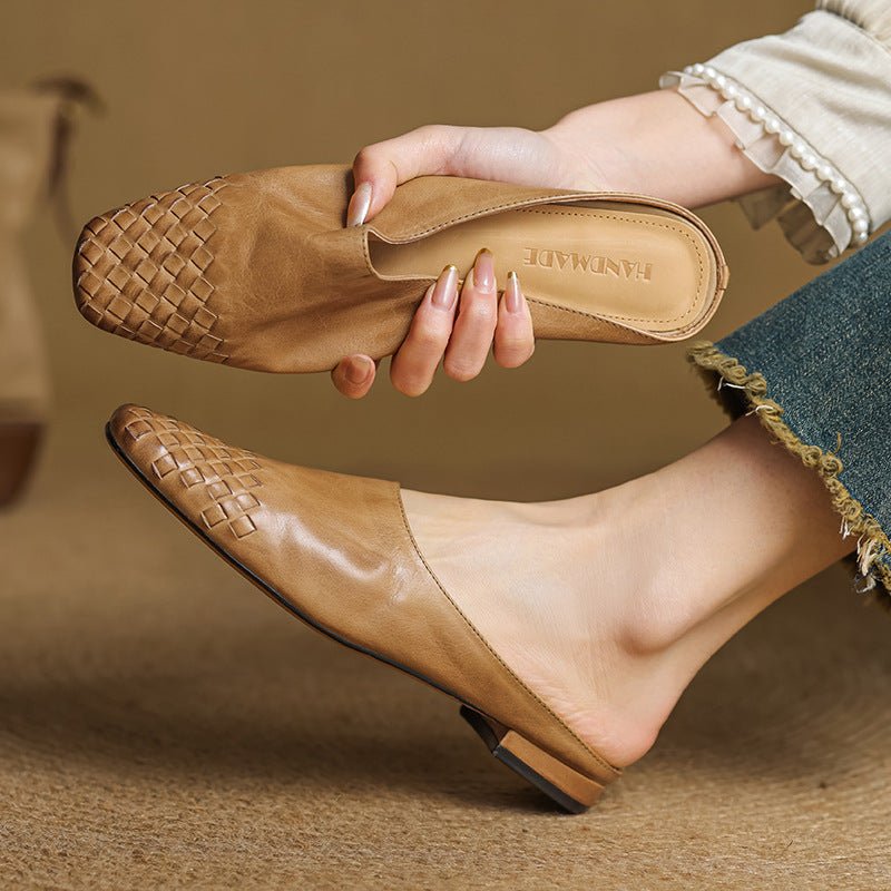 Mules de Cuero Trenzado con Punta Cuadrada y Tacón Bajo en Bloque para Mujer