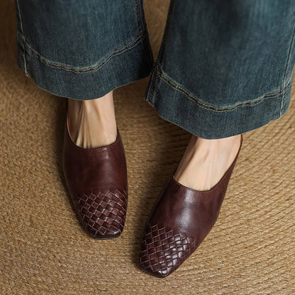 Mules de Cuero Trenzado con Punta Cuadrada y Tacón Bajo en Bloque para Mujer