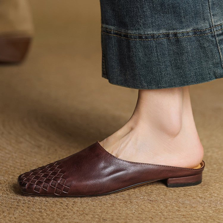 Mules de Cuero Trenzado con Punta Cuadrada y Tacón Bajo en Bloque para Mujer