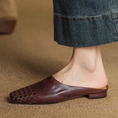 Mules de Cuero Trenzado con Punta Cuadrada y Tacón Bajo en Bloque para Mujer