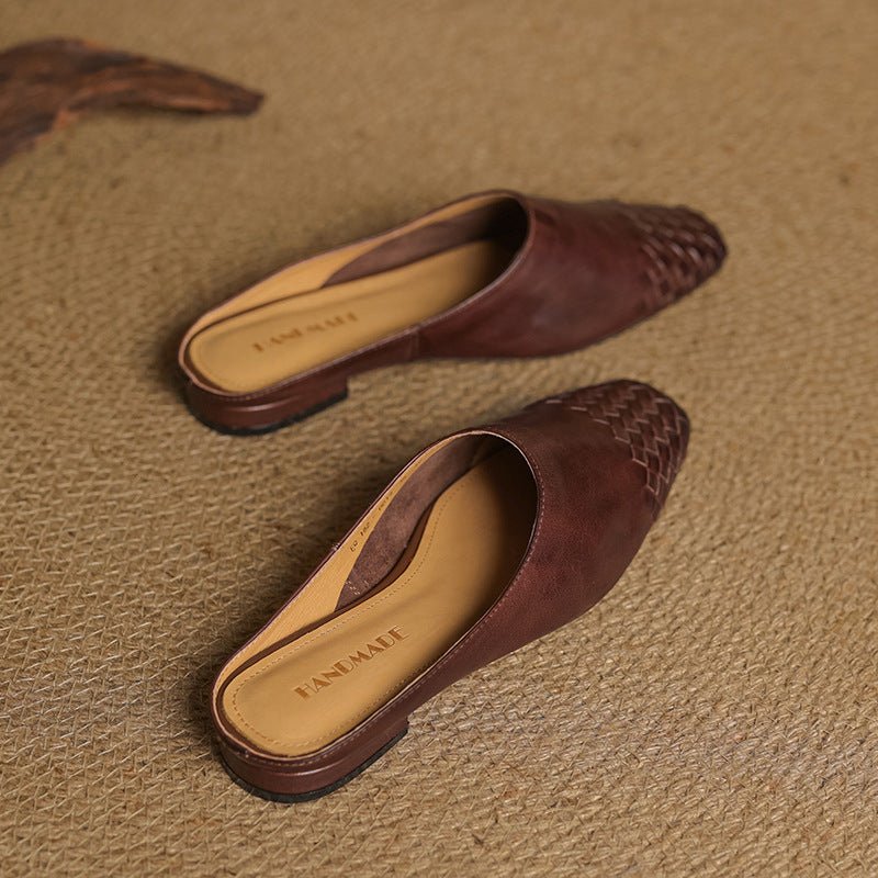 Mules de Cuero Trenzado con Punta Cuadrada y Tacón Bajo en Bloque para Mujer