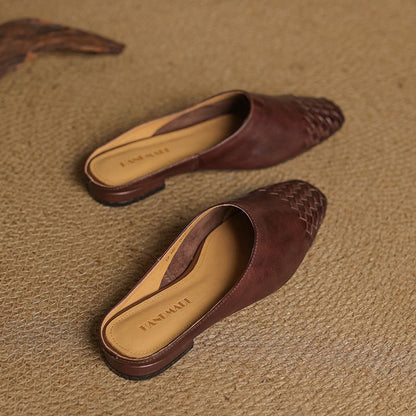 Mules de Cuero Trenzado con Punta Cuadrada y Tacón Bajo en Bloque para Mujer