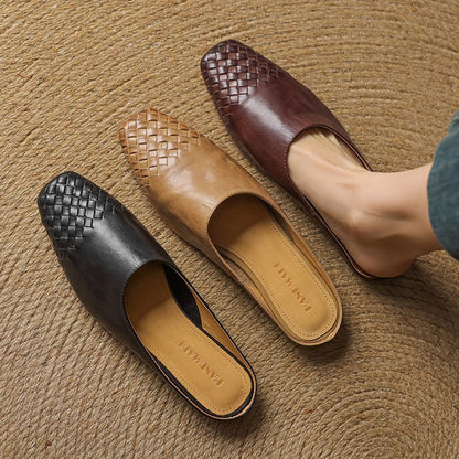 Mules de Cuero Trenzado con Punta Cuadrada y Tacón Bajo en Bloque para Mujer