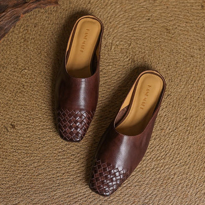 Mules de Cuero Trenzado con Punta Cuadrada y Tacón Bajo en Bloque para Mujer
