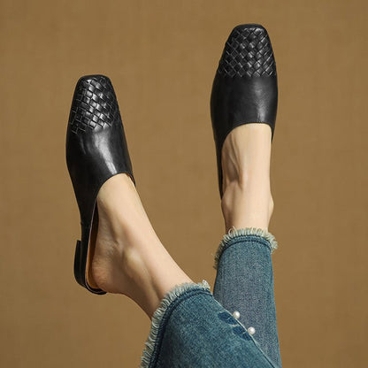 Mules de Cuero Trenzado con Punta Cuadrada y Tacón Bajo en Bloque para Mujer