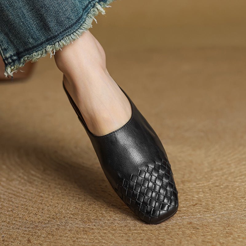 Mules de Cuero Trenzado con Punta Cuadrada y Tacón Bajo en Bloque para Mujer