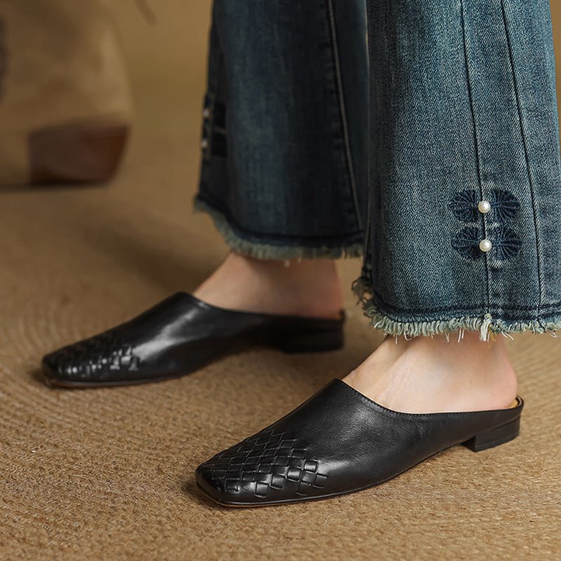Mules de Cuero Trenzado con Punta Cuadrada y Tacón Bajo en Bloque para Mujer