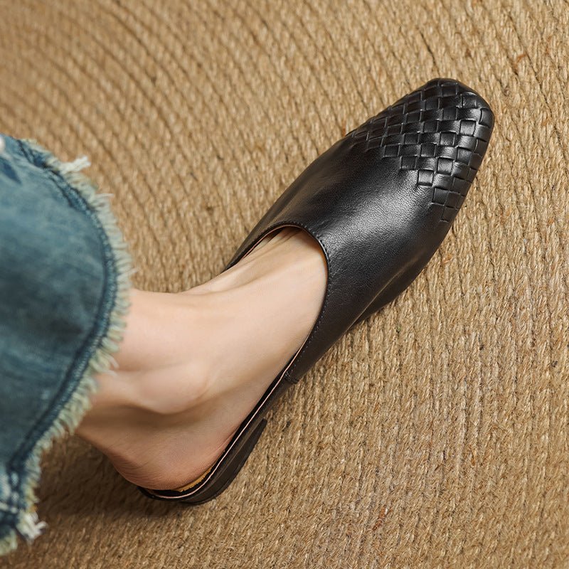 Mules de Cuero Trenzado con Punta Cuadrada y Tacón Bajo en Bloque para Mujer