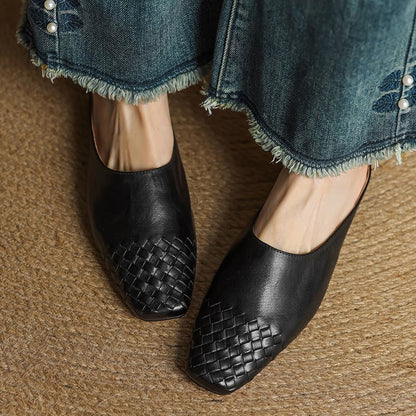 Mules de Cuero Trenzado con Punta Cuadrada y Tacón Bajo en Bloque para Mujer