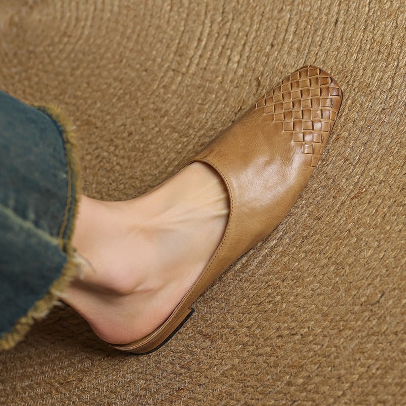 Mules de Cuero Trenzado con Punta Cuadrada y Tacón Bajo en Bloque para Mujer