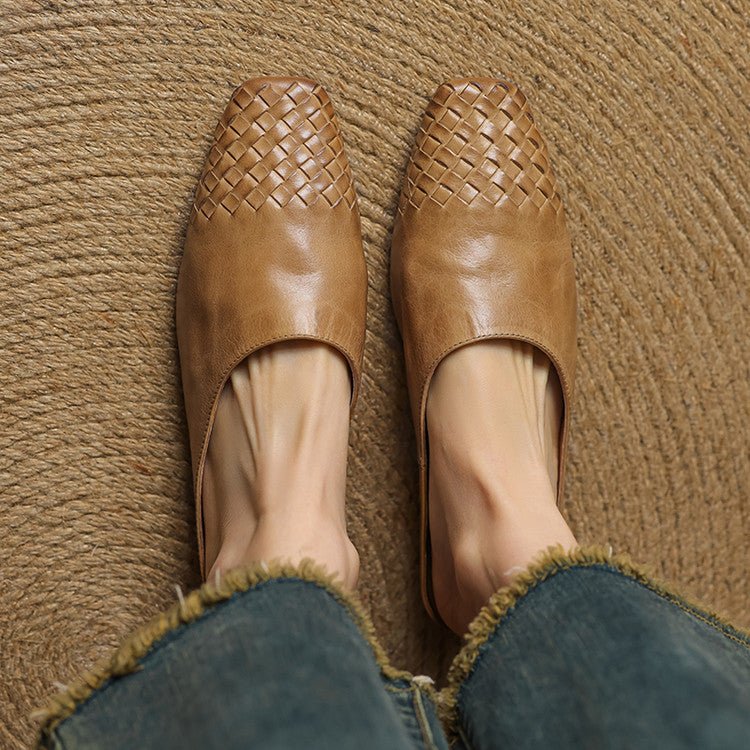 Mules de Cuero Trenzado con Punta Cuadrada y Tacón Bajo en Bloque para Mujer