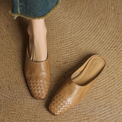 Mules de Cuero Trenzado con Punta Cuadrada y Tacón Bajo en Bloque para Mujer