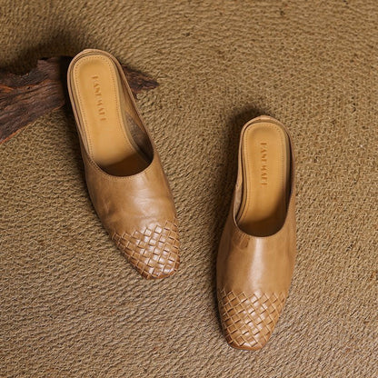 Mules de Cuero Trenzado con Punta Cuadrada y Tacón Bajo en Bloque para Mujer