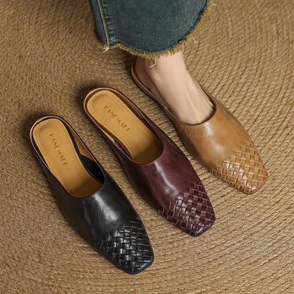 Mules de Cuero Trenzado con Punta Cuadrada y Tacón Bajo en Bloque para Mujer