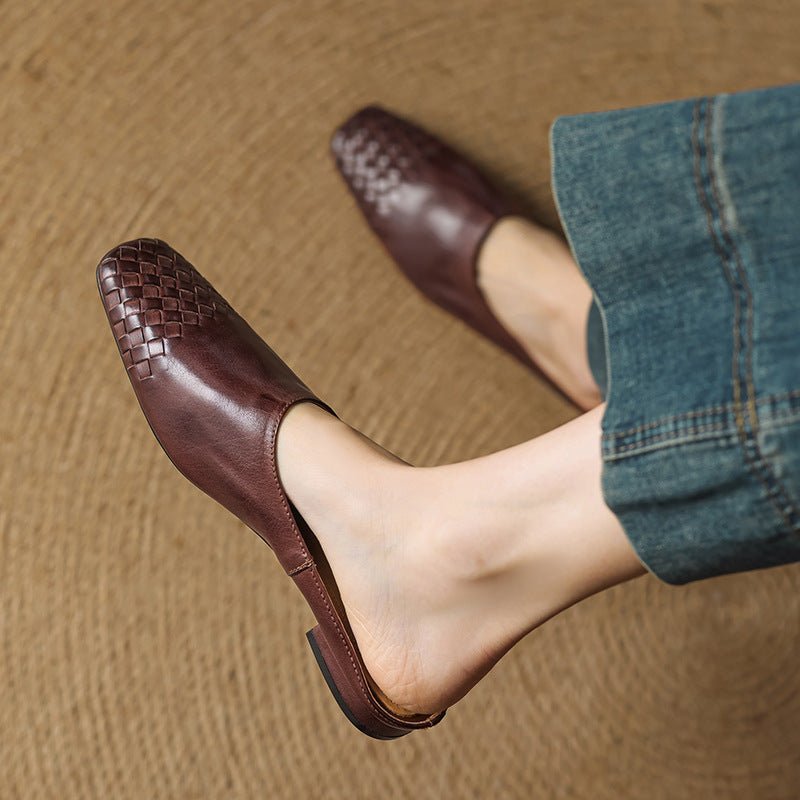Mules de Cuero Trenzado con Punta Cuadrada y Tacón Bajo en Bloque para Mujer