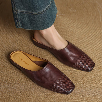 Mules de Cuero Trenzado con Punta Cuadrada y Tacón Bajo en Bloque para Mujer