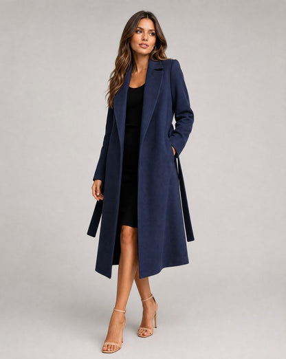 Trench largo acolchado de lana con cinturón para mujer