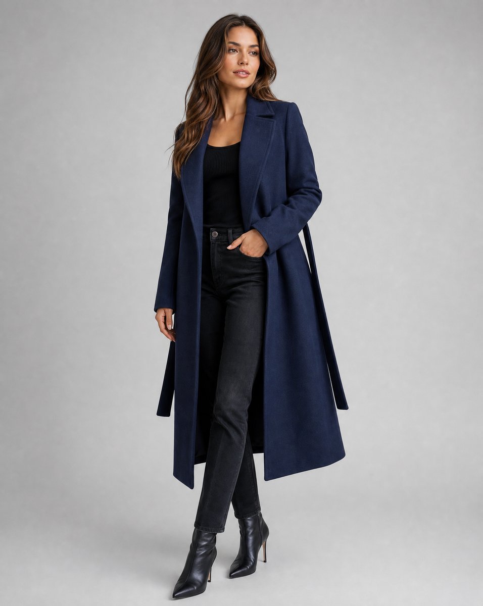 Trench largo acolchado de lana con cinturón para mujer