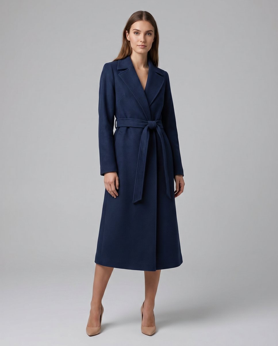 Trench largo acolchado de lana con cinturón para mujer