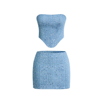 Conjunto de Top Bandeau y Minifalda de Denim con Lentejuelas para Mujer