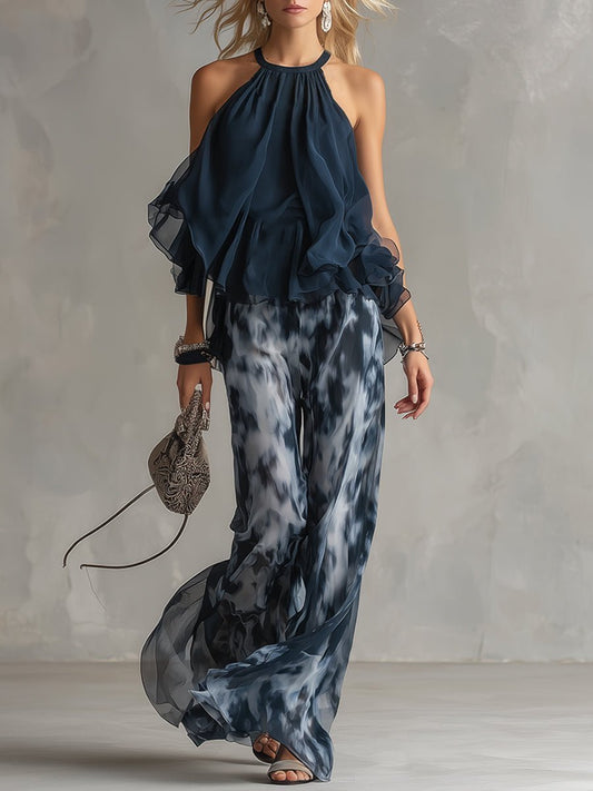 Conjunto de dos piezas de top halter con volantes y pantalón de pierna ancha para mujer
