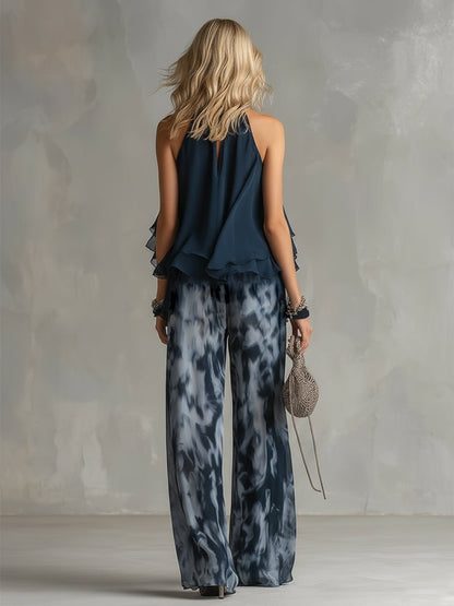 Conjunto de dos piezas de top halter con volantes y pantalón de pierna ancha para mujer
