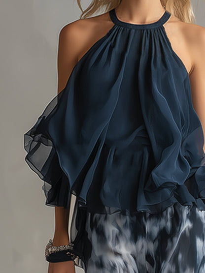 Conjunto de dos piezas de top halter con volantes y pantalón de pierna ancha para mujer