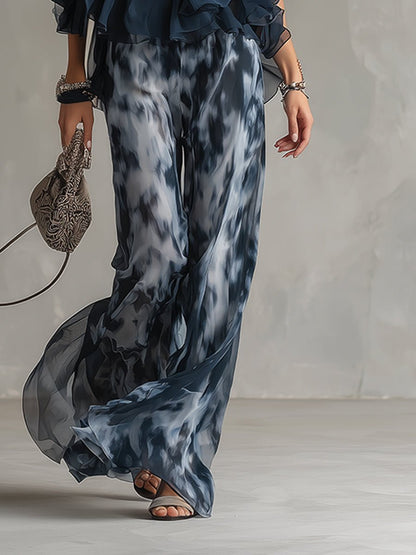 Conjunto de dos piezas de top halter con volantes y pantalón de pierna ancha para mujer