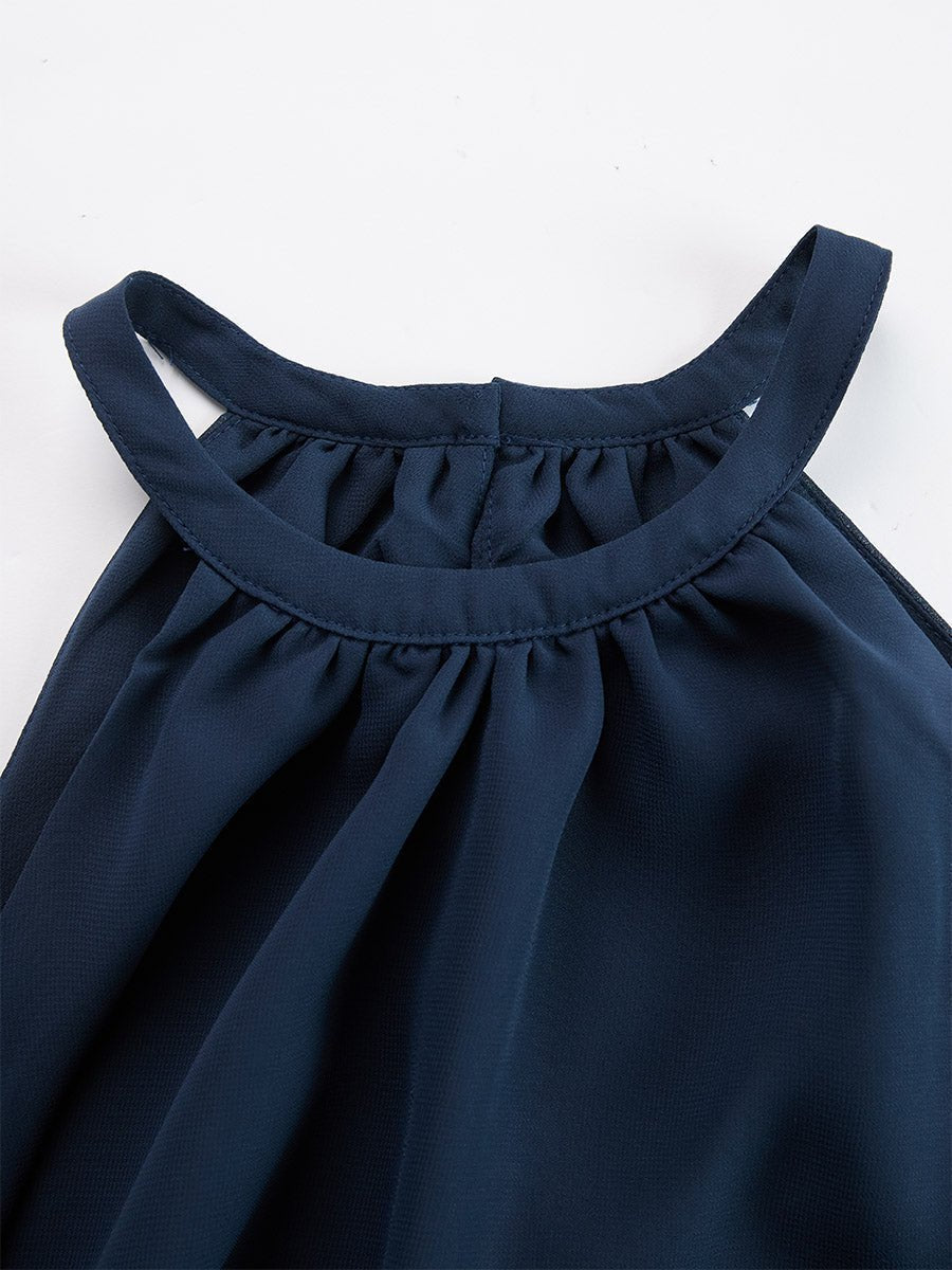 Conjunto de dos piezas de top halter con volantes y pantalón de pierna ancha para mujer