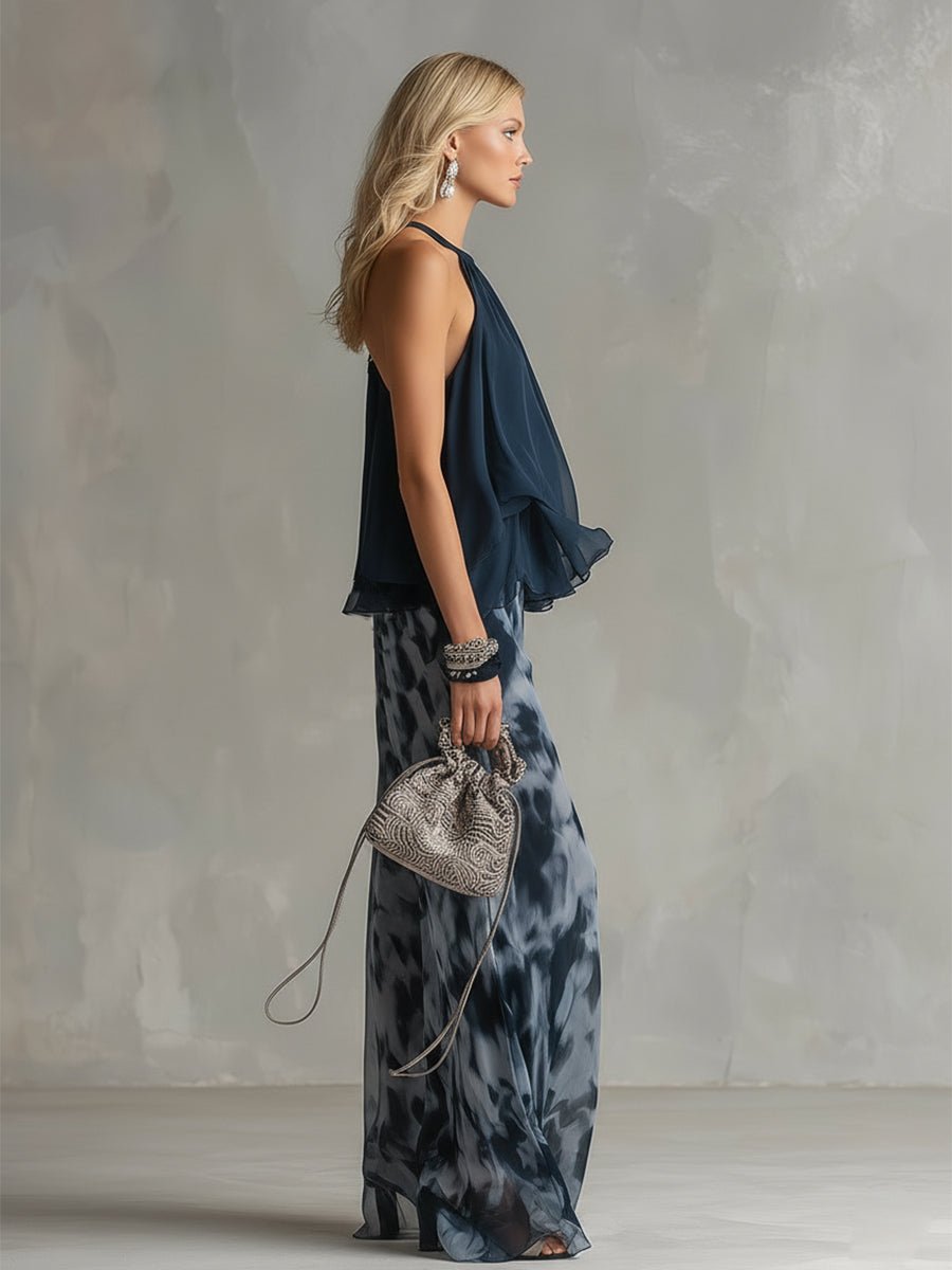 Conjunto de dos piezas de top halter de gasa y pantalón de pierna ancha para mujer