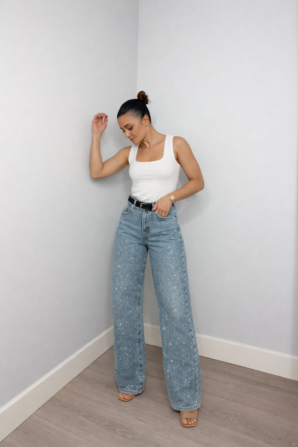 Jeans rectos de tiro alto con brillo para mujer