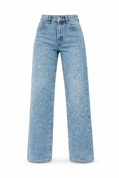 Jeans rectos de tiro alto con brillo para mujer