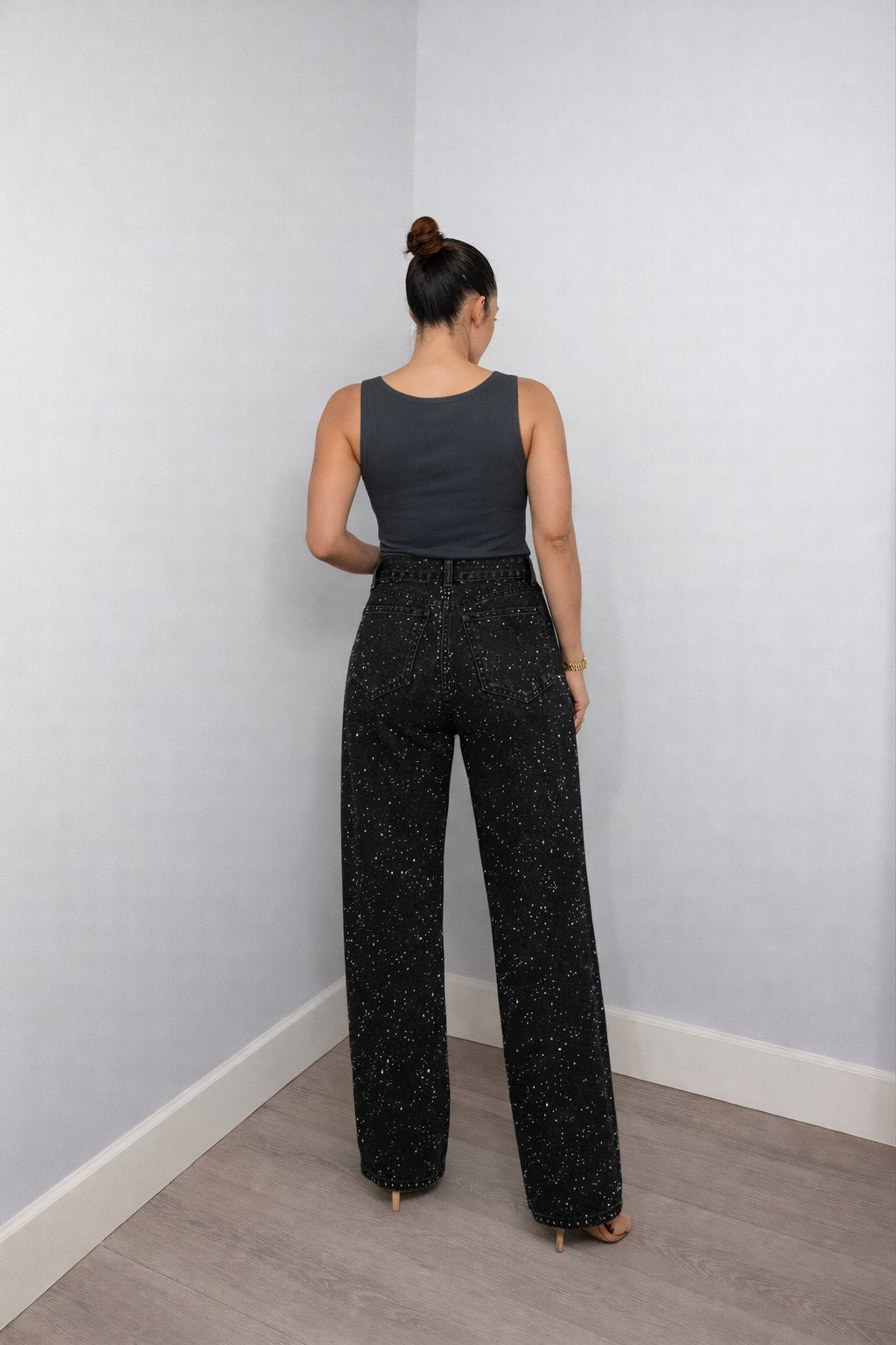 Jeans rectos de tiro alto con brillo para mujer
