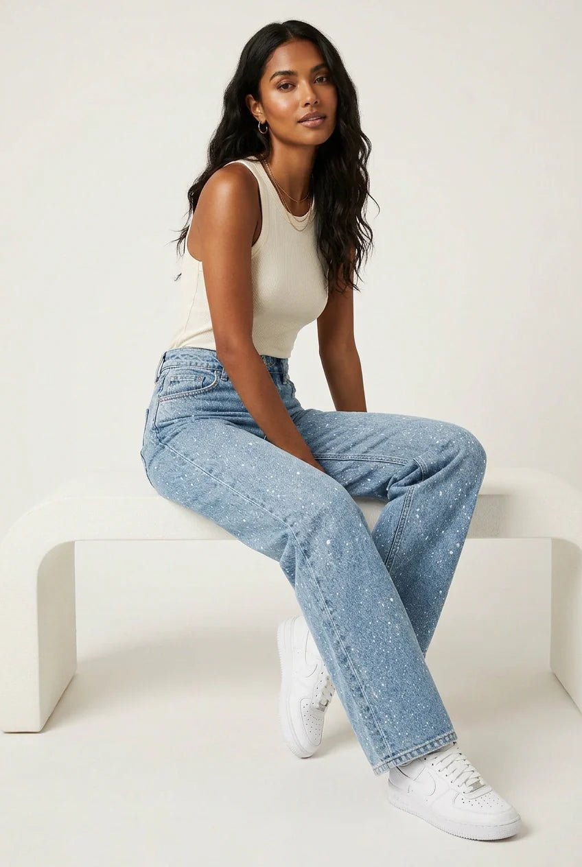 Jeans rectos de tiro alto con brillo para mujer