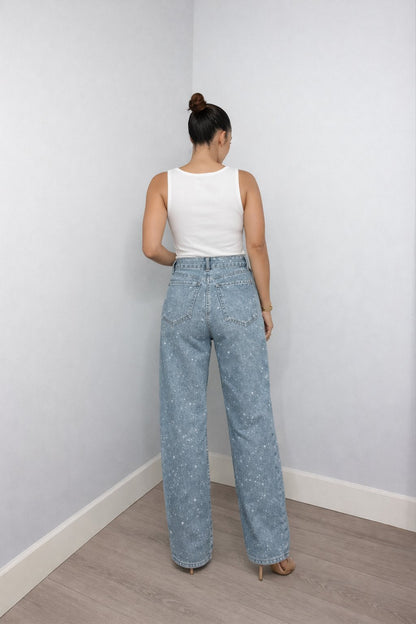 Jeans rectos de tiro alto con brillo para mujer