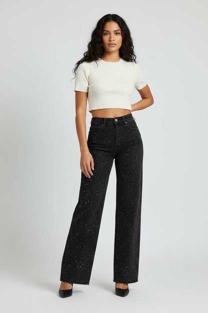 Jeans rectos de tiro alto con brillo para mujer