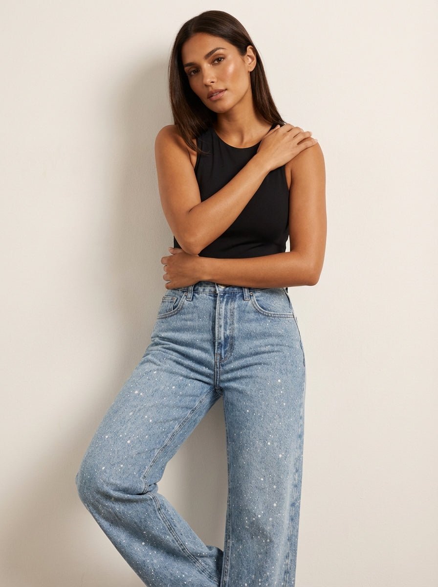 Jeans rectos de tiro alto con brillo para mujer