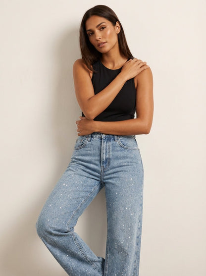 Jeans rectos de tiro alto con brillo para mujer