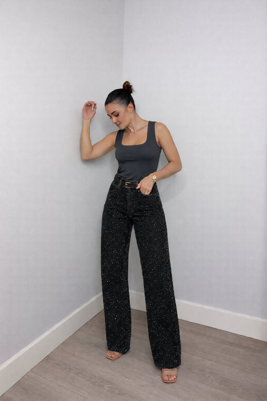 Jeans rectos de tiro alto con brillo para mujer