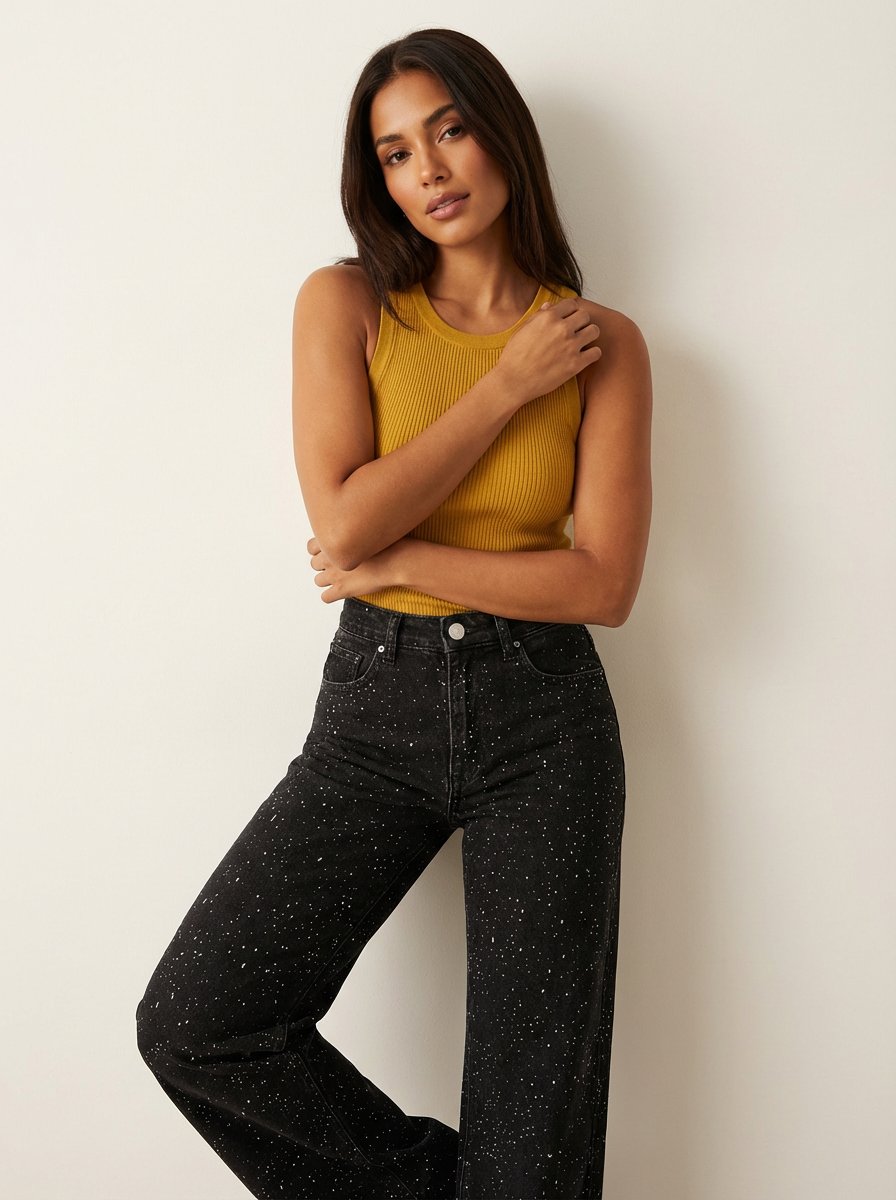 Jeans rectos de tiro alto con brillo para mujer