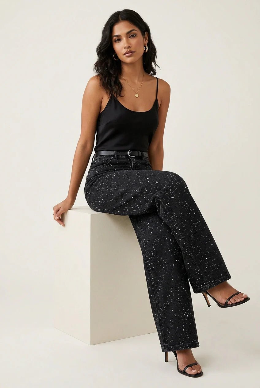 Jeans rectos de tiro alto con brillo para mujer