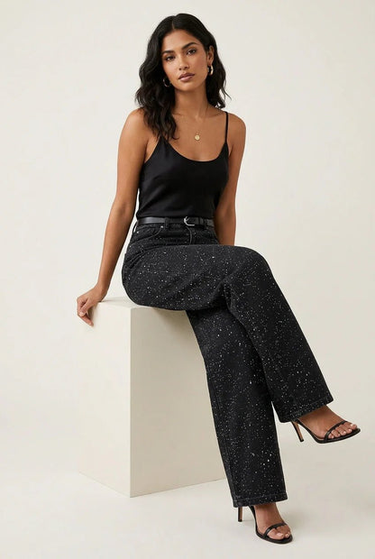 Jeans rectos de tiro alto con brillo para mujer