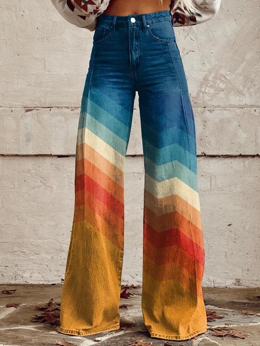 Pantalones de Pierna Ancha y Tiro Alto con Estampado Chevron Atardecer para Mujer