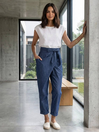 Pantalones Tobilleros Cruzados de Tiro Alto para Mujer