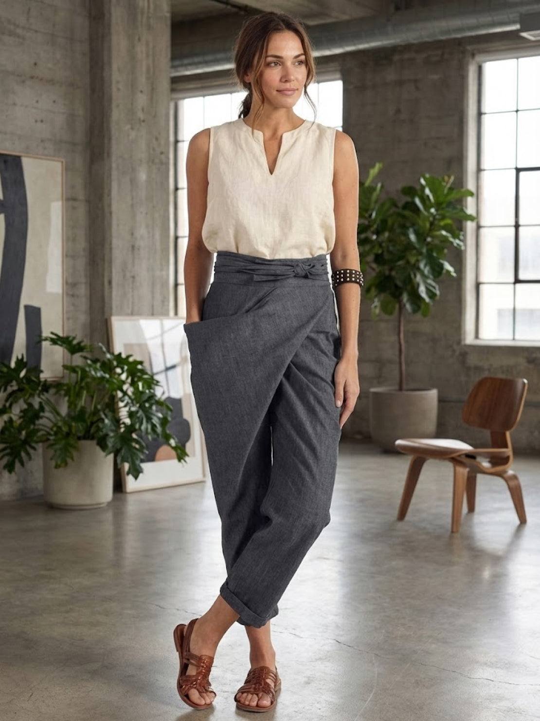 Pantalones Tobilleros Cruzados de Tiro Alto para Mujer