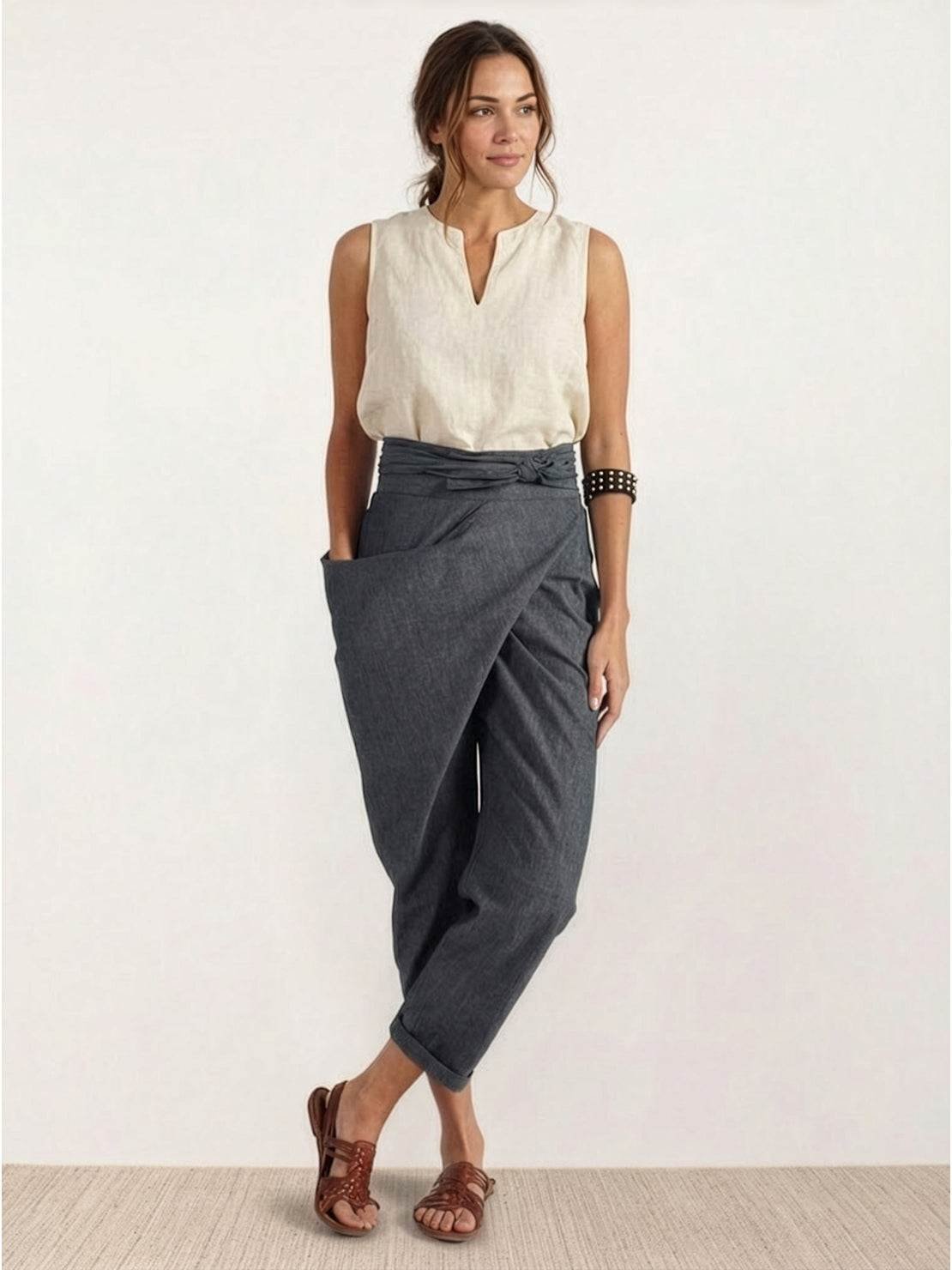 Pantalones Tobilleros Cruzados de Tiro Alto para Mujer