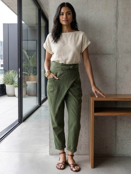 Pantalones Tobilleros Cruzados de Tiro Alto para Mujer