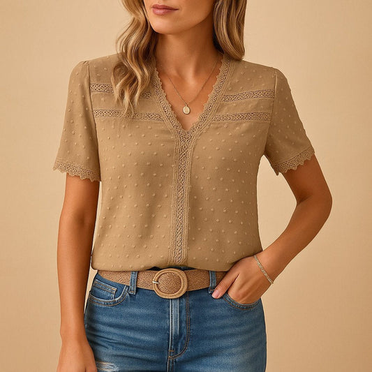 Top de Manga Corta con Cuello en V y Encaje Plumeti para Mujer